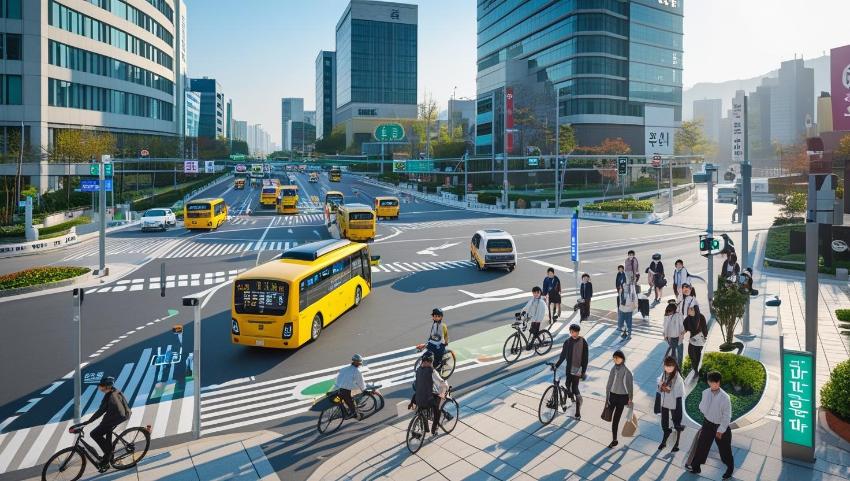 Modern Korean city intersection bustling with vehicles, pedestrians, and smart mobility infrastructure.