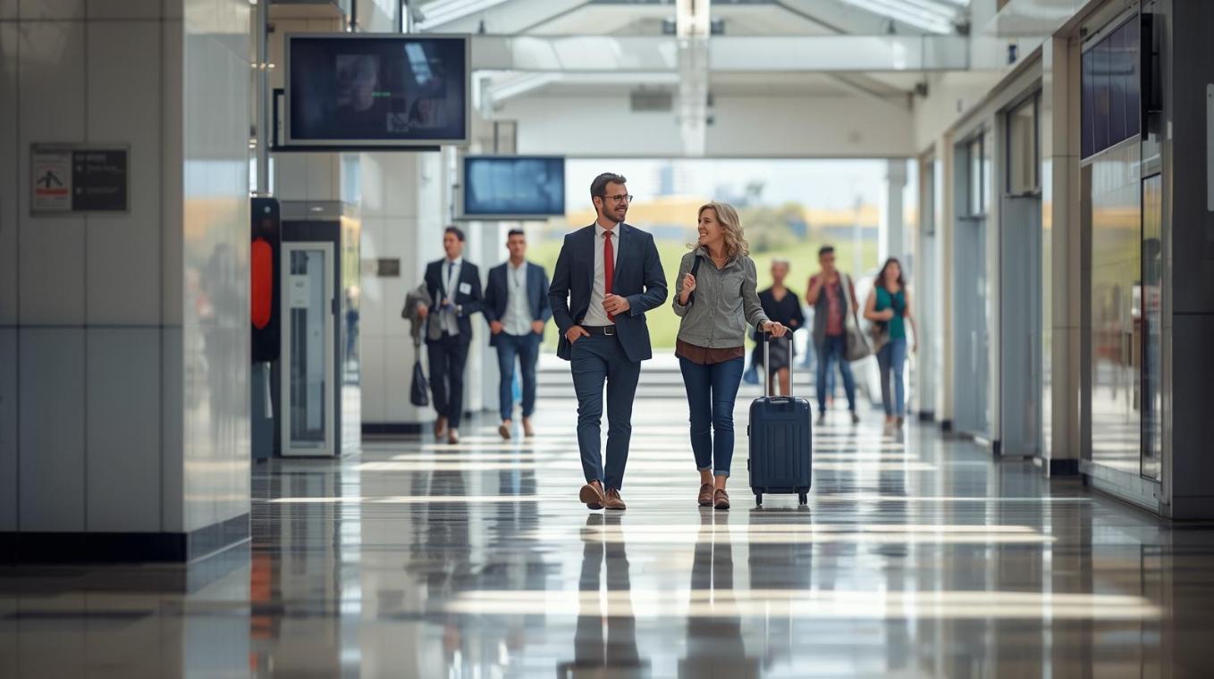Smiling commuters walk across clean tiles in a bright Brisbane transit station.
