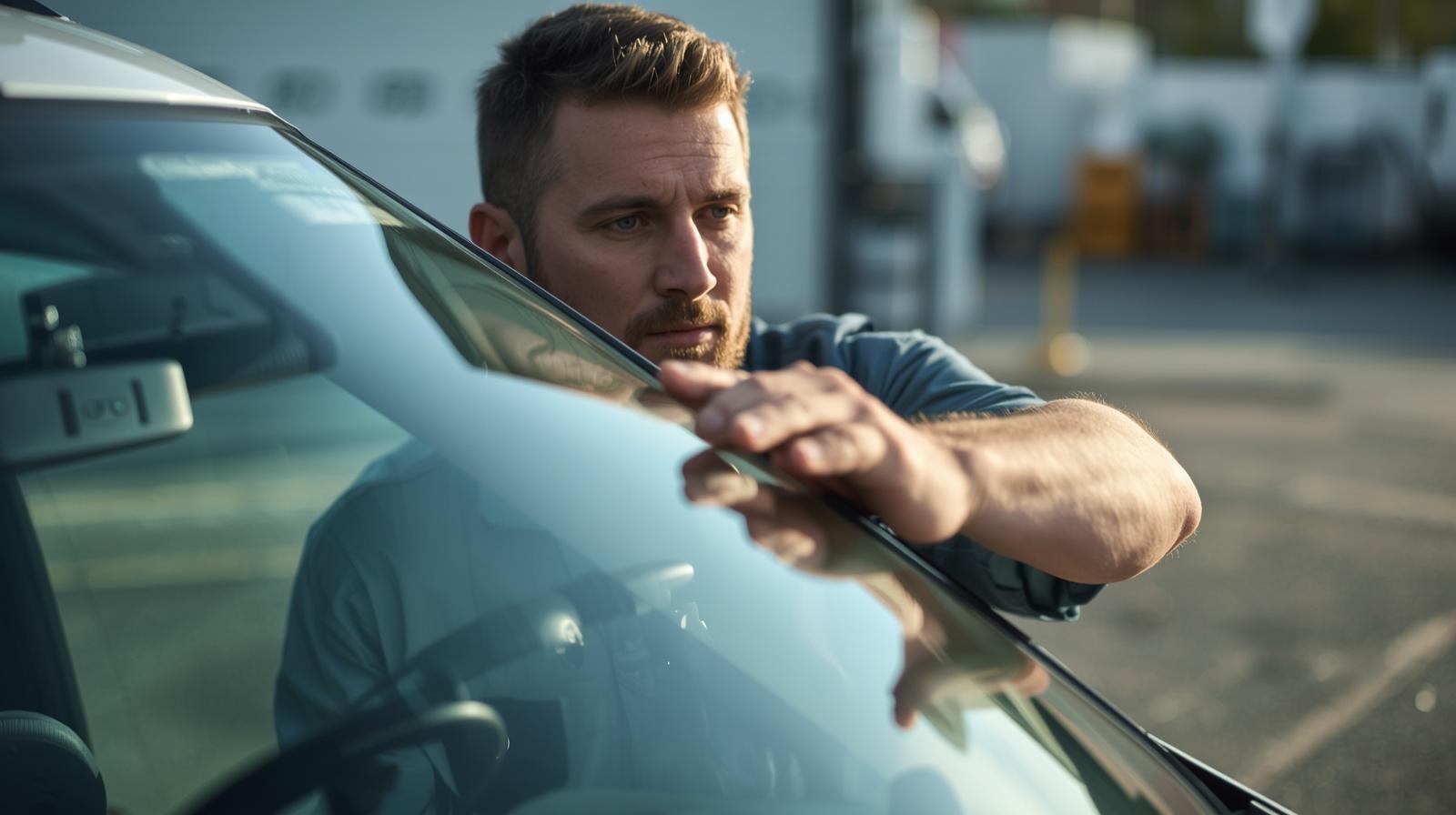 Man carefully installing windshield on family car in bright morning repair setting.